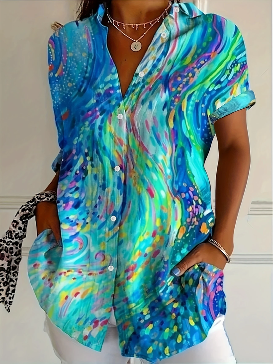 Women Abstract Short Sleeve Shirt Summer Printing Shirt Collar Daily Casual Top
