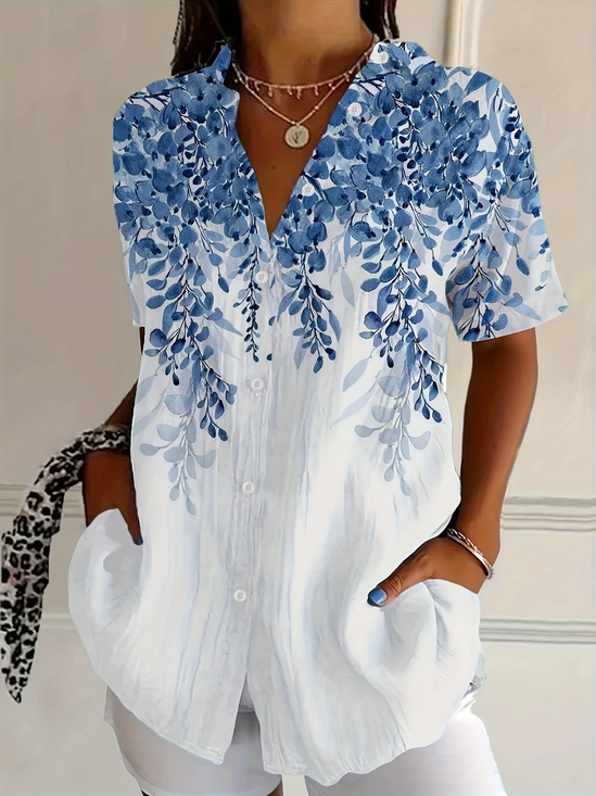 Women Floral Short Sleeve Shirt Summer Printing Shirt Collar Daily Casual Top