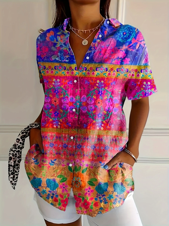 Women Floral Short Sleeve Shirt Summer Printing Shirt Collar Daily Casual Top
