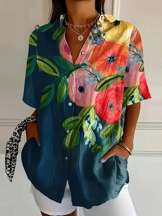 Women Floral Short Sleeve Shirt Summer Printing Shirt Collar Daily Casual Top