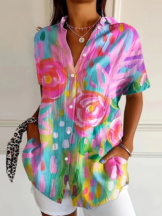 Women Floral Short Sleeve Shirt Summer Printing Shirt Collar Daily Casual Top