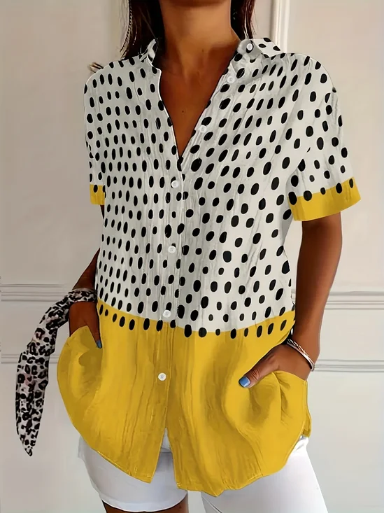 Women Abstract Polka Dots Short Sleeve Shirt Summer Printing Shirt Collar Daily Casual Top