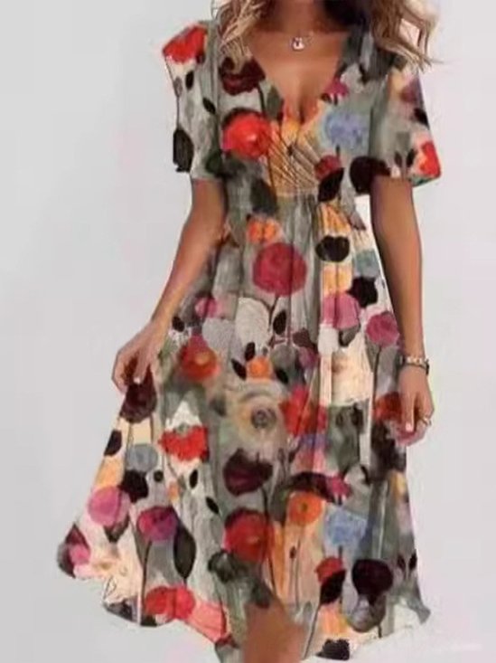Women Floral Short Sleeve Summer Printing Dress V Neck Daily Vintage Maxi Ruffle Skirt A-Line Dress