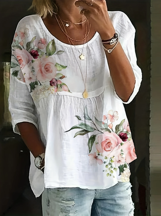 Women Floral Half Sleeve Shirt Summer Printing Crew Neck Daily Casual Top