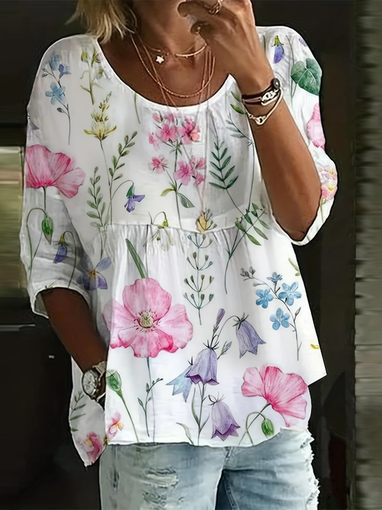 Women Floral Half Sleeve Shirt Summer Printing Crew Neck Daily Casual Top