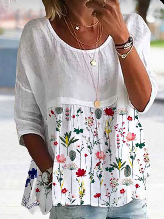 Women Floral Half Sleeve Shirt Summer Printing Crew Neck Daily Casual Top