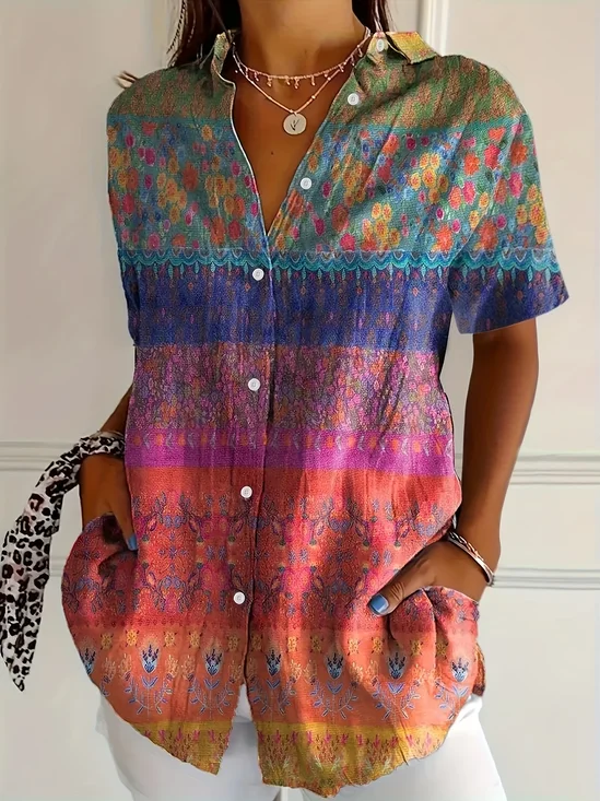 Women Floral Short Sleeve Shirt Summer Printing Shirt Collar Daily Casual Top