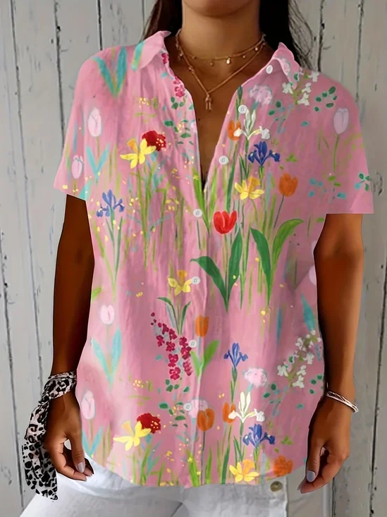 Women Floral Short Sleeve Shirt Summer Printing Shirt Collar Daily Casual Top