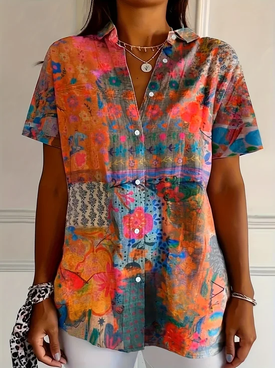 Women Floral Short Sleeve Shirt Summer Printing Shirt Collar Daily Casual Top