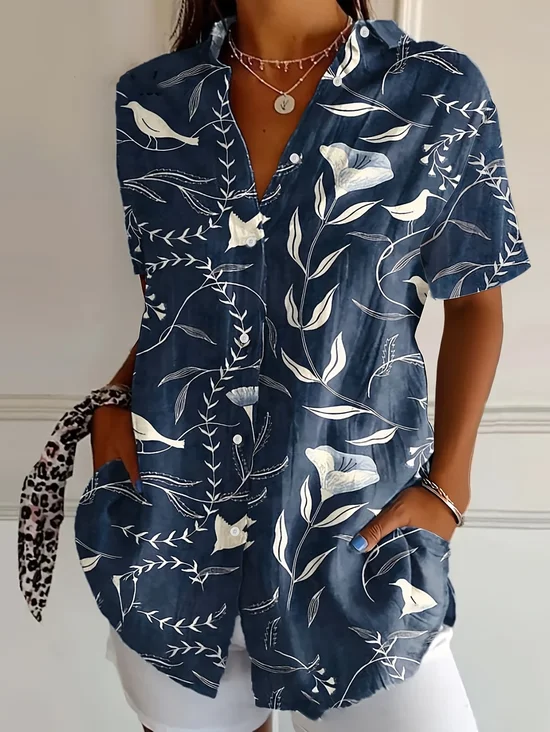 Women Floral Short Sleeve Shirt Summer Printing Shirt Collar Daily Casual Top