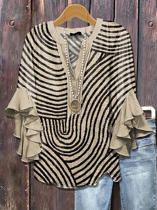Women Abstract Stripes Half Sleeve Shirt Summer Printing V Neck Daily Casual Top
