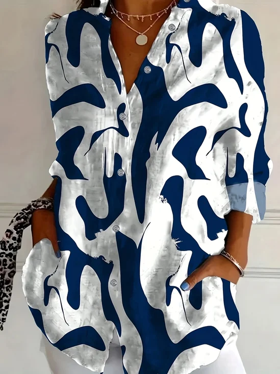Women Abstract Long Sleeve Shirt Spring/Fall Buckle Shirt Collar Daily Casual Top
