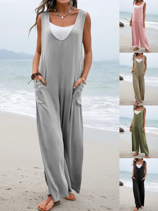 Women Plain Crew Neck Sleeveless Casual Summer Jumpsuit