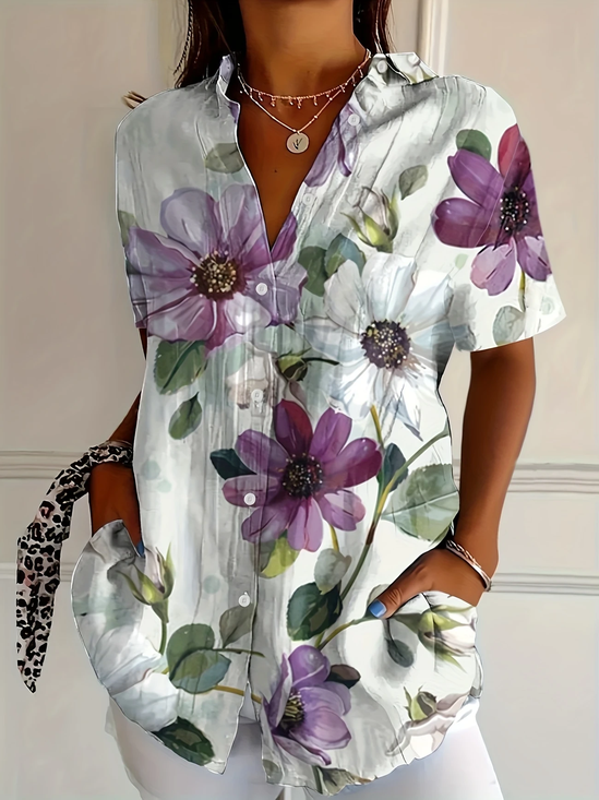 Women Floral Short Sleeve Shirt Summer Printing Shirt Collar Daily Casual Top