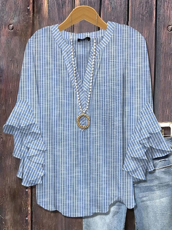 Women Striped Half Sleeve Shirt Summer Printing V Neck Daily Casual Top