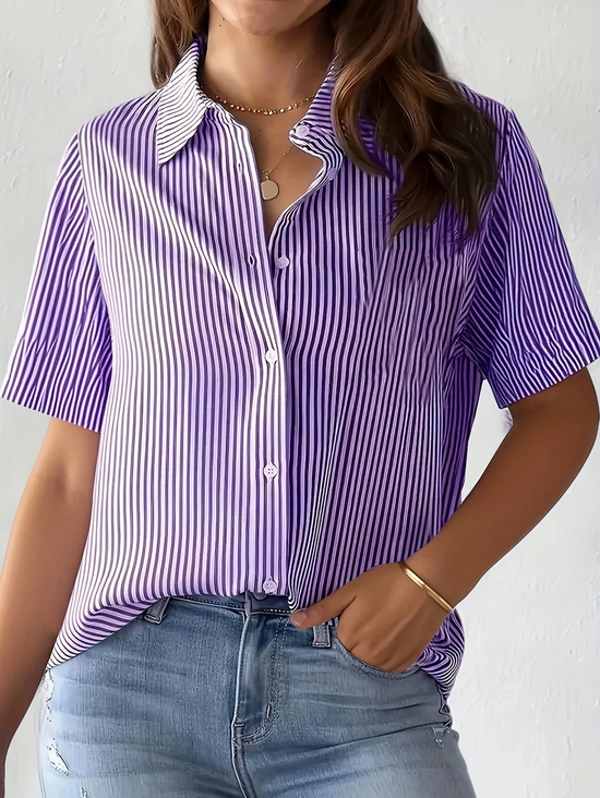 Women Striped Short Sleeve Shirt Summer Printing Shirt Collar Daily Casual Top