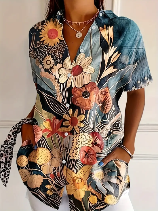 Women Floral Short Sleeve Shirt Summer Printing Shirt Collar Daily Casual Top