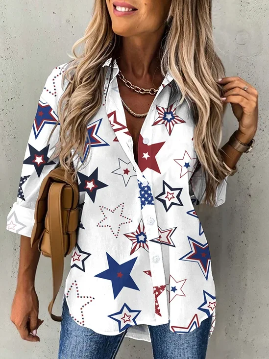 Women Star Long Sleeve Shirt Spring/Fall Printing Shirt Collar Daily Casual Top