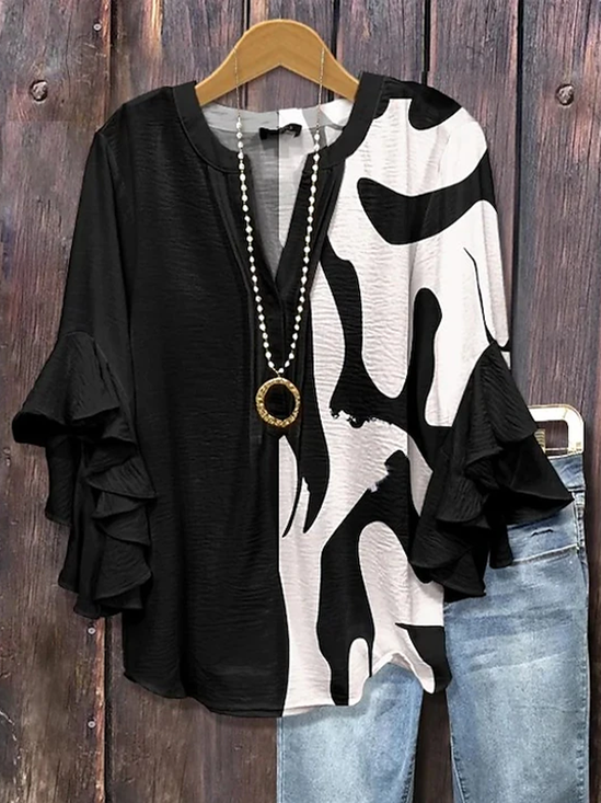 Women Abstract Half Sleeve Shirt Summer Printing V Neck Daily Casual Top