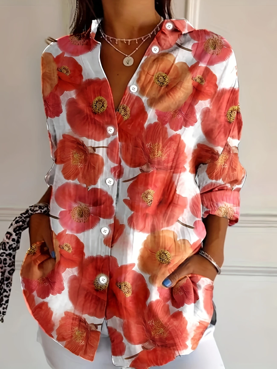 Women Floral Long Sleeve Shirt Spring/Fall Buckle Shirt Collar Daily Casual Top