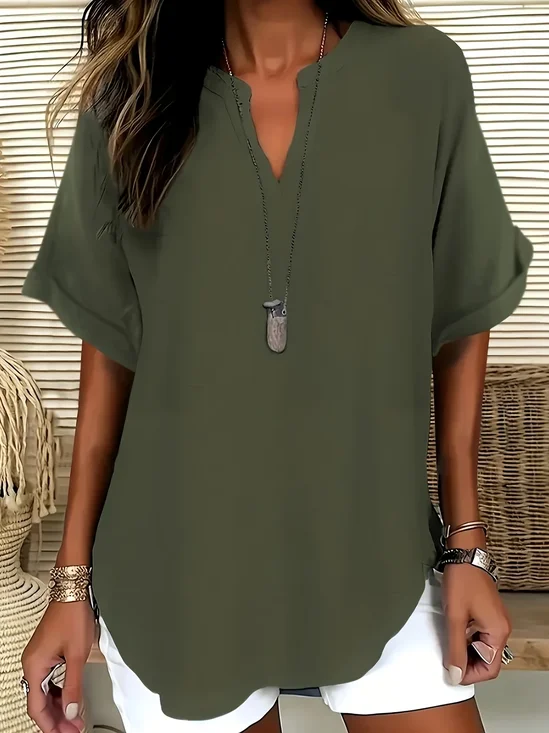 Women Plain Short Sleeve Shirt Summer V Neck Daily Casual Top