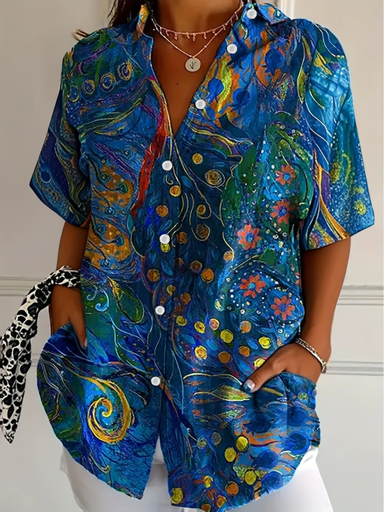 Women Floral Short Sleeve Shirt Summer Printing Shirt Collar Daily Casual Top