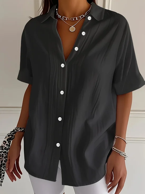 Women Plain Short Sleeve Shirt Summer Printing Shirt Collar Daily Casual Top