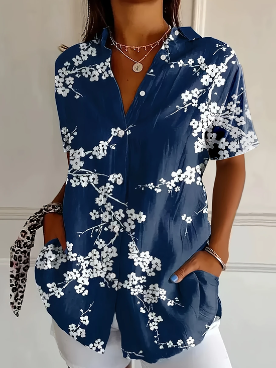 Women Floral Short Sleeve Shirt Summer Printing Shirt Collar Daily Casual Top