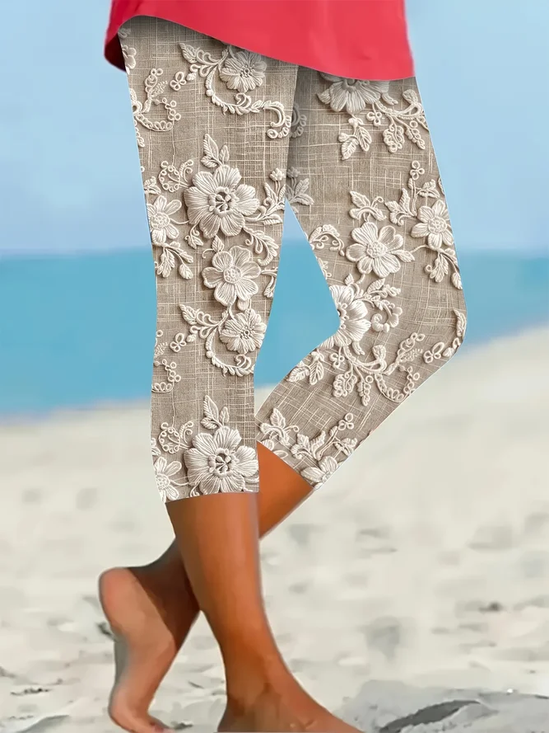 Women Floral Capris Elastic Waist Pants Casual Summer Trousers