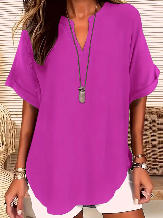 Women Plain Short Sleeve Shirt Summer V Neck Daily Casual Top