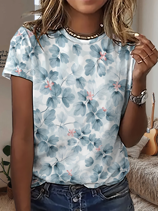 Women Floral Short Sleeve Tee T-shirt Crew Neck Printing Casual Summer Graphic Tee Top