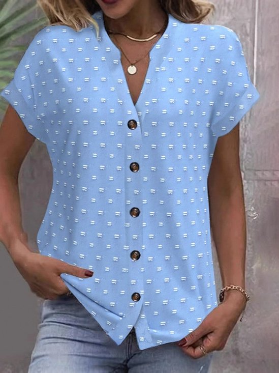 Women Polka Dots Short Sleeve Tee T-shirt V Neck Jacquard Casual Summer Top