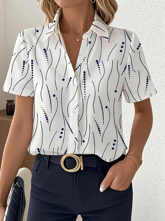 Women Abstract Stripes Short Sleeve Shirt Summer Printing Shirt Collar Daily Casual Top