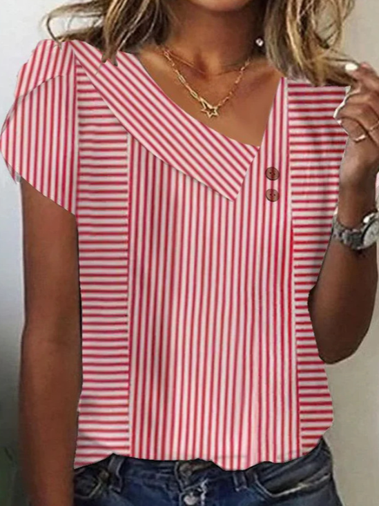 Women Striped Short Sleeve Tee T-shirt Asymmetrical Buckle Casual Summer Top