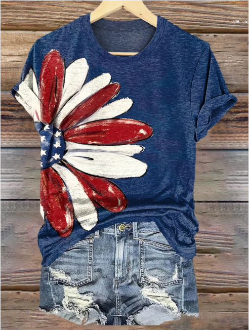 Women Daisy Short Sleeve Tee T-shirt Crew Neck Vintage Summer Top