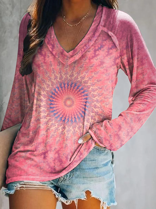 Women Abstract Long Sleeve Blouse Spring/Fall Printing V Neck Daily Casual Top