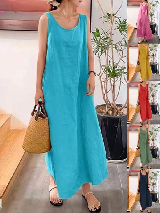 Women Plain Sleeveless Summer Split Joint Dress Crew Neck Daily Vintage Maxi Tank A-Line Dress