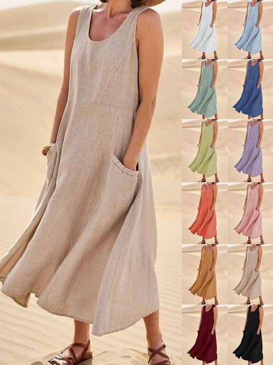 Women Plain Sleeveless Summer Split Joint Dress Crew Neck Daily Casual Maxi Fit & Flare Dress A-Line Dress