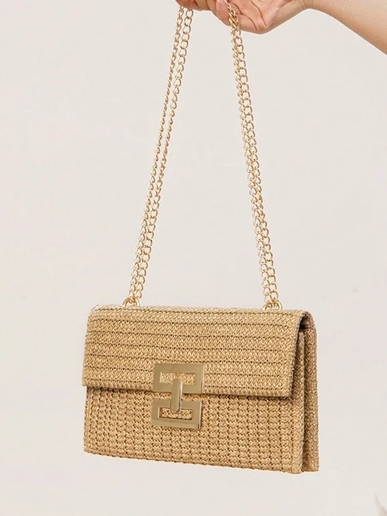Holiday Style Multi-compartment Metal Chain Flip Cover Twist Lock Straw Bag Shoulder Bag Chain Lock Women Bag