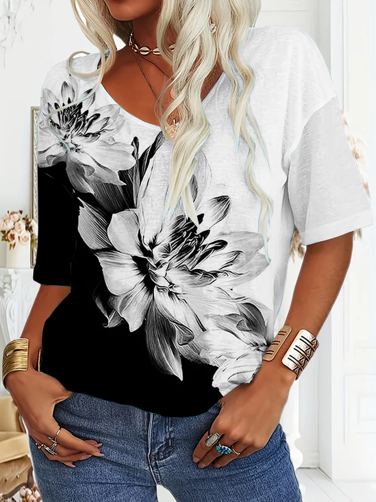 Women Floral Short Sleeve Tee T-shirt V Neck Printing Casual Summer Graphic Tee Top