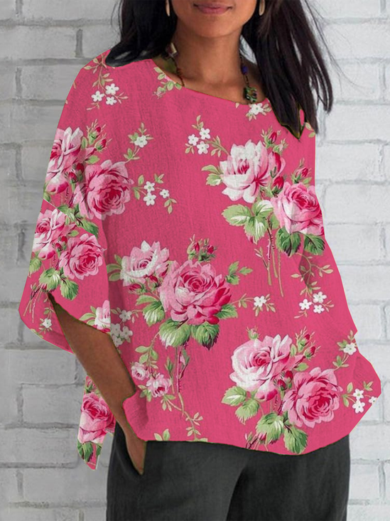 Women Floral Half Sleeve Tee T-shirt Crew Neck Casual Summer Top
