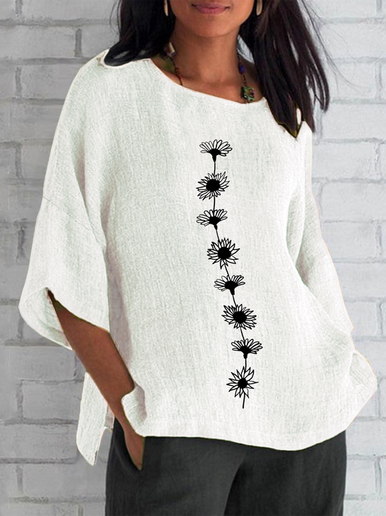 Women Floral Half Sleeve Tee T-shirt Crew Neck Casual Summer Top