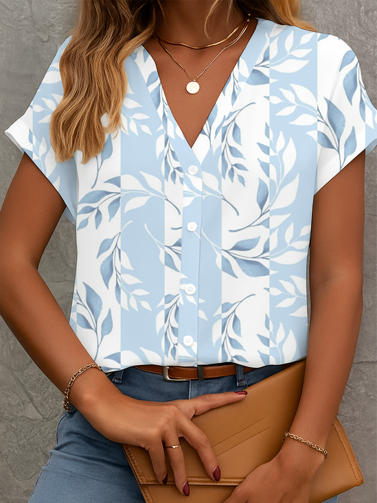 Women Floral Short Sleeve Shirt Summer Printing V Neck Daily Casual Top
