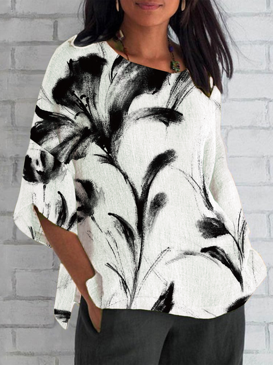 Women Floral Half Sleeve Tee T-shirt Crew Neck Casual Summer Top