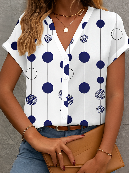 Women Polka Dots Short Sleeve Shirt Summer Printing V Neck Daily Casual Top