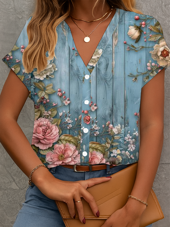 Women Floral Short Sleeve Shirt Summer Printing V Neck Daily Casual Top