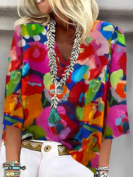 Women Abstract Three Quarter Sleeve Blouse Spring/Fall Printing V Neck Daily Casual Top