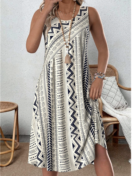 Women Geometric Sleeveless Summer Dress Crew Neck Daily Casual Midi Tank A-Line Dress