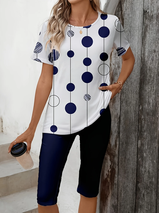 Women Polka Dots Printing Two-Piece Set Daily Short Sleeve Casual Summer Top With Pants Matching Set