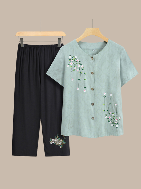 Women Floral Embroidery Two-Piece Set Daily Half Sleeve Casual Summer Top With Pants Matching Set